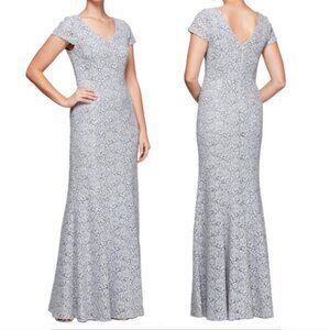 Alex Evenings Mermaid Gown with Floral Piping, Light Blue/Silver, V-Neck, size 8